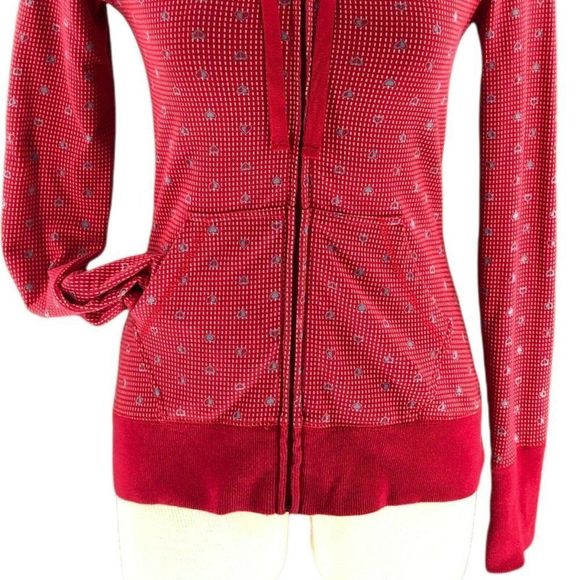 e Womens Sweater Small Red Full Zip Hoodie Hearts Print Drawstring Neck Pockets - Picture 3 of 12